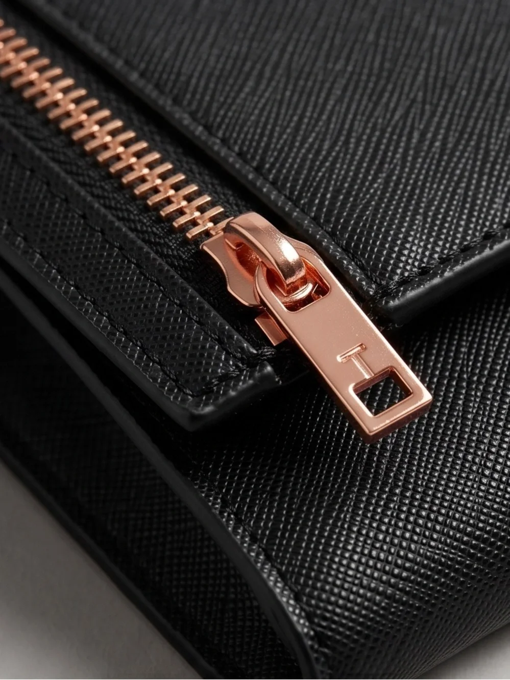 TED BAKER Black saffiano envelope-style clutch dual rose-gold zipper accent